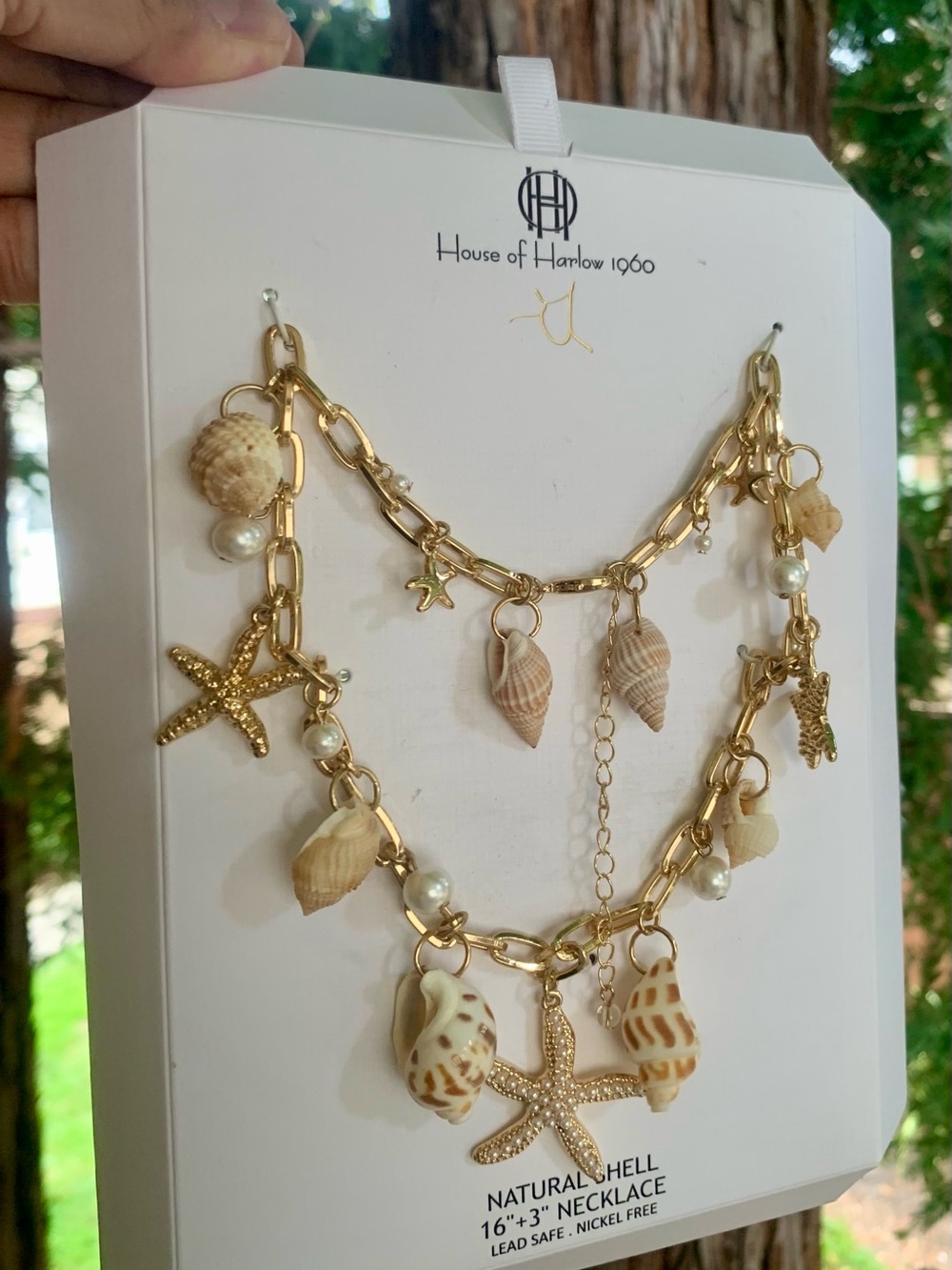 House of Harlow 1960 Gold Tone Necklace with Cream Shell & Pearl Charms